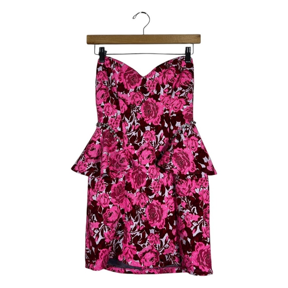 Zara Peplum Strapless Floral Jacquard Mini Dress Pink Rhinestone Party Size L